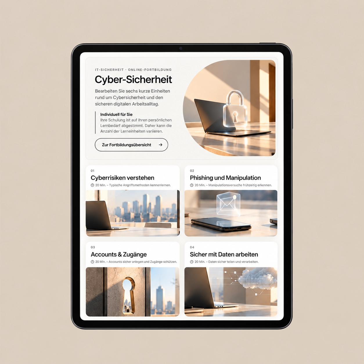 Digitaler Kurs zur Cyber-Sicherheit auf einem Tablet